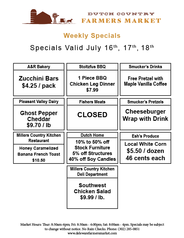 Weekly Specials Dutch Country july 16 17 18 2026